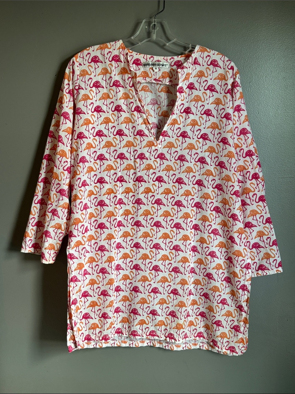 Barbara Gerwit flamingo print V-neck tunic top shirt * sz MED *